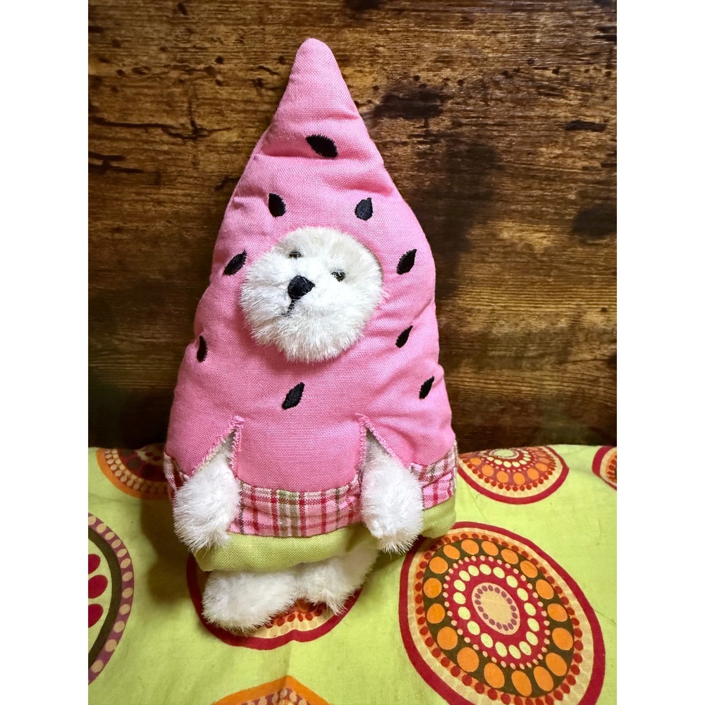 Boyds Bear Plush White Teddy Bear Watermelon Slice Costume Pink Plaid Trim